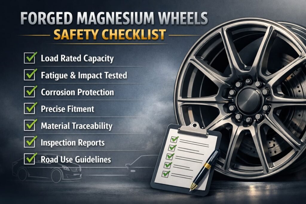 Llanta de magnesio forjado con checklist de seguridad para uso en calle: rating de carga, pruebas de fatiga e impacto, protección anticorrosión, ajuste, trazabilidad, informes de inspección y guías de uso.