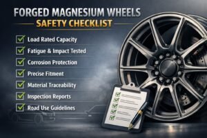 Llanta de magnesio forjado con checklist de seguridad para uso en calle: rating de carga, pruebas de fatiga e impacto, protección anticorrosión, ajuste, trazabilidad, informes de inspección y guías de uso.