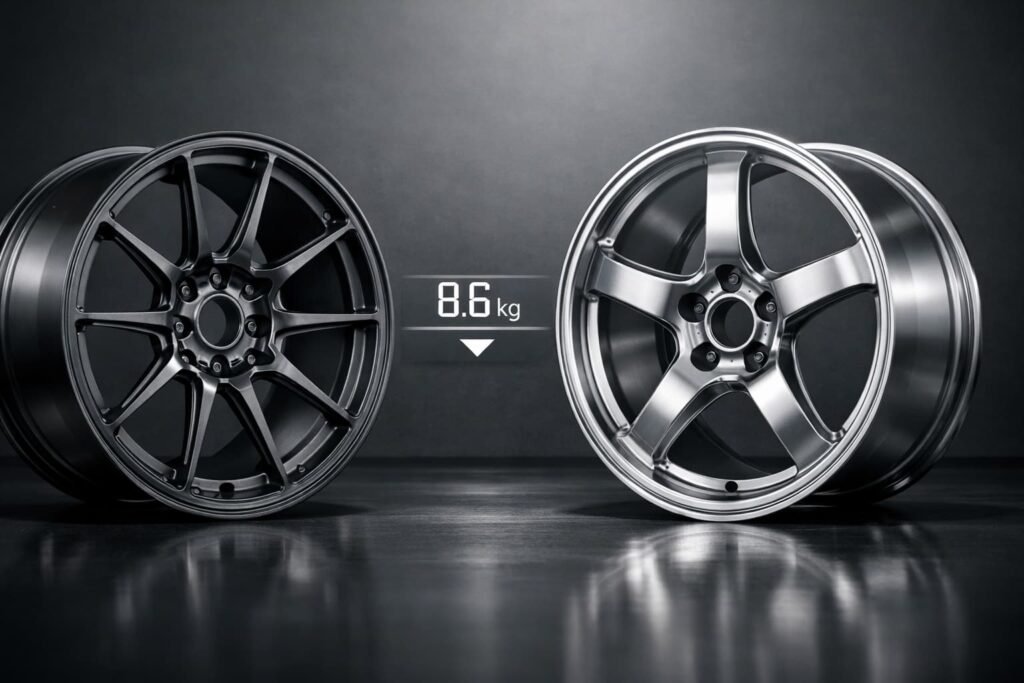 Comparação lado a lado de rodas forjadas de magnésio e rodas forjadas de alumínio em estúdio, mostrando as vantagens de leveza e as diferenças técnicas.
