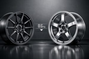 Comparação lado a lado de rodas forjadas de magnésio e rodas forjadas de alumínio em estúdio, mostrando as vantagens de leveza e as diferenças técnicas.