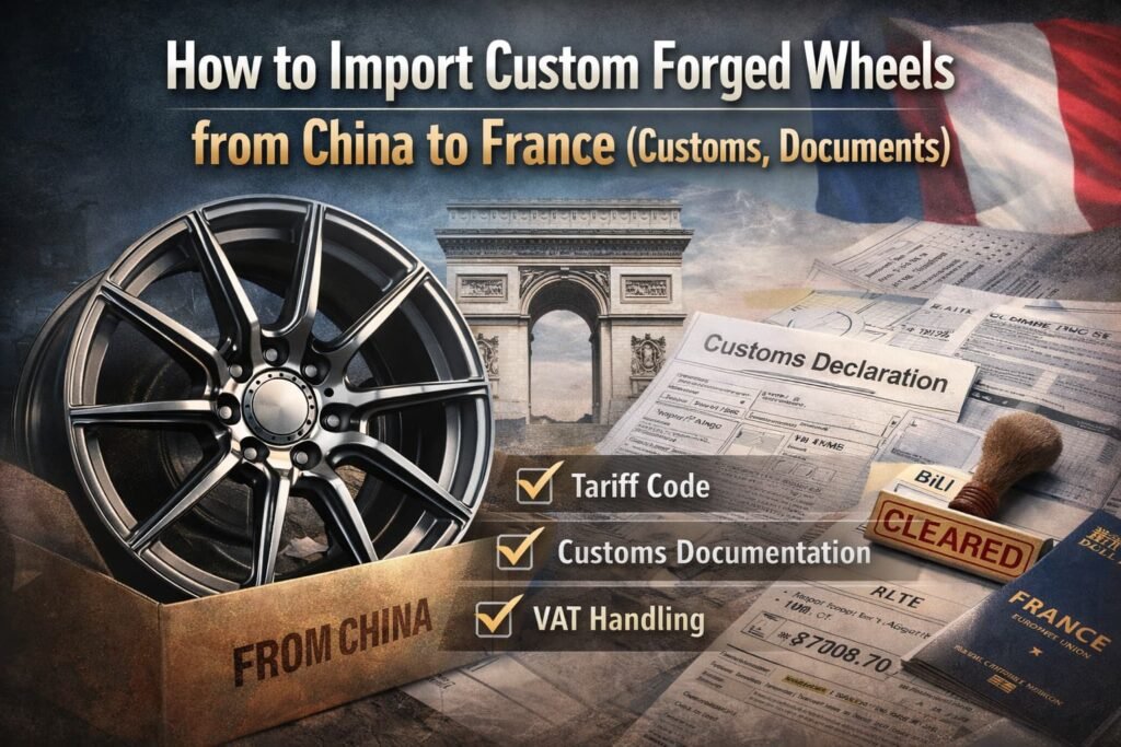Processus d’importation de jantes forgées sur mesure de Chine vers la France, avec documents douaniers, vérification du code tarifaire, gestion de la TVA et dédouanement pour les acheteurs français.