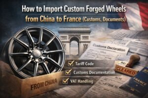 Processus d’importation de jantes forgées sur mesure de Chine vers la France, avec documents douaniers, vérification du code tarifaire, gestion de la TVA et dédouanement pour les acheteurs français.