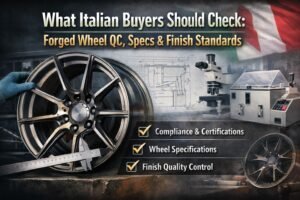 Controllo qualità di un cerchio forgiato per acquirenti italiani, con misurazione delle specifiche del cerchio, controllo della qualità della finitura e verifica della conformità in un contesto di fabbrica.
