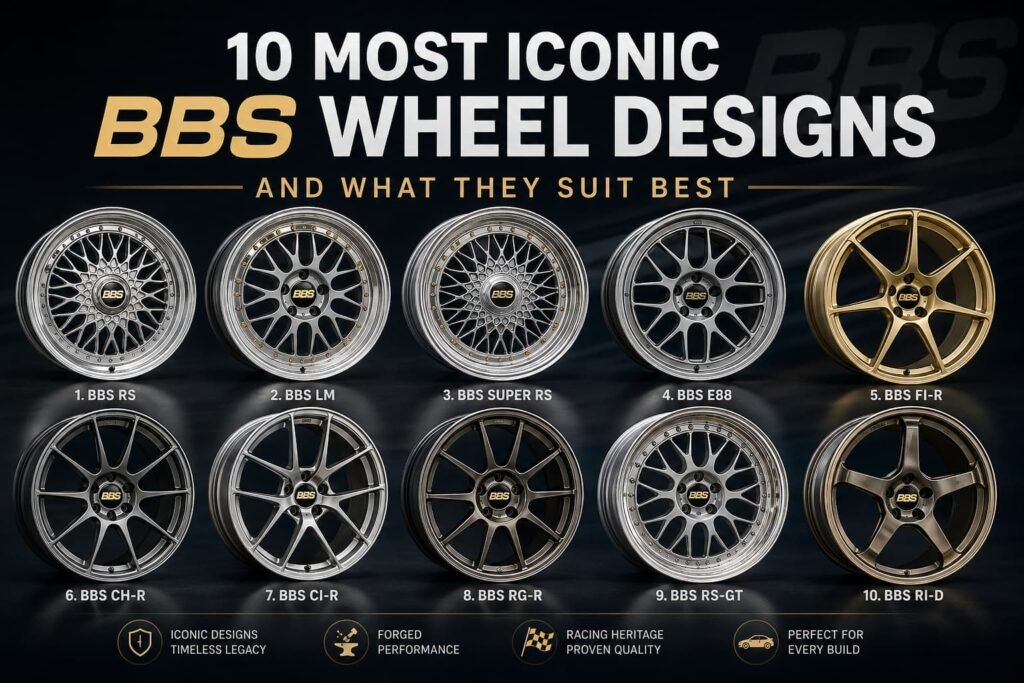 A dark automotive banner showing 10 iconic BBS wheel designs, including RS, LM, Super RS, E88, FI-R, CH-R, CI-R, RG-R, RS-GT, and RI-D, arranged as a premium forged wheel design comparison.