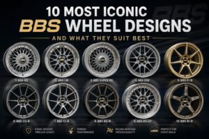 A dark automotive banner showing 10 iconic BBS wheel designs, including RS, LM, Super RS, E88, FI-R, CH-R, CI-R, RG-R, RS-GT, and RI-D, arranged as a premium forged wheel design comparison.