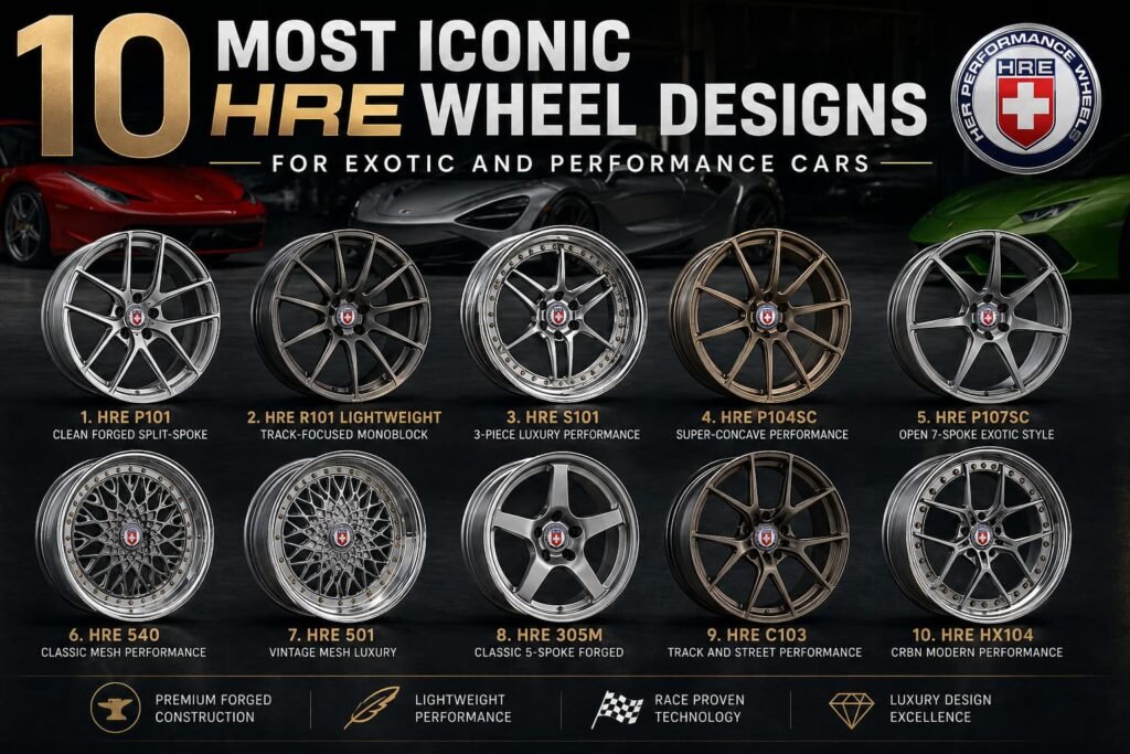 A premium automotive banner showing 10 iconic HRE wheel designs for exotic and performance cars, including P101, R101 Lightweight, S101, P104SC, P107SC, 540, 501, 305M, C103, and HX104.