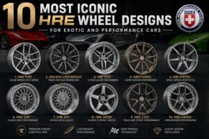 A premium automotive banner showing 10 iconic HRE wheel designs for exotic and performance cars, including P101, R101 Lightweight, S101, P104SC, P107SC, 540, 501, 305M, C103, and HX104.