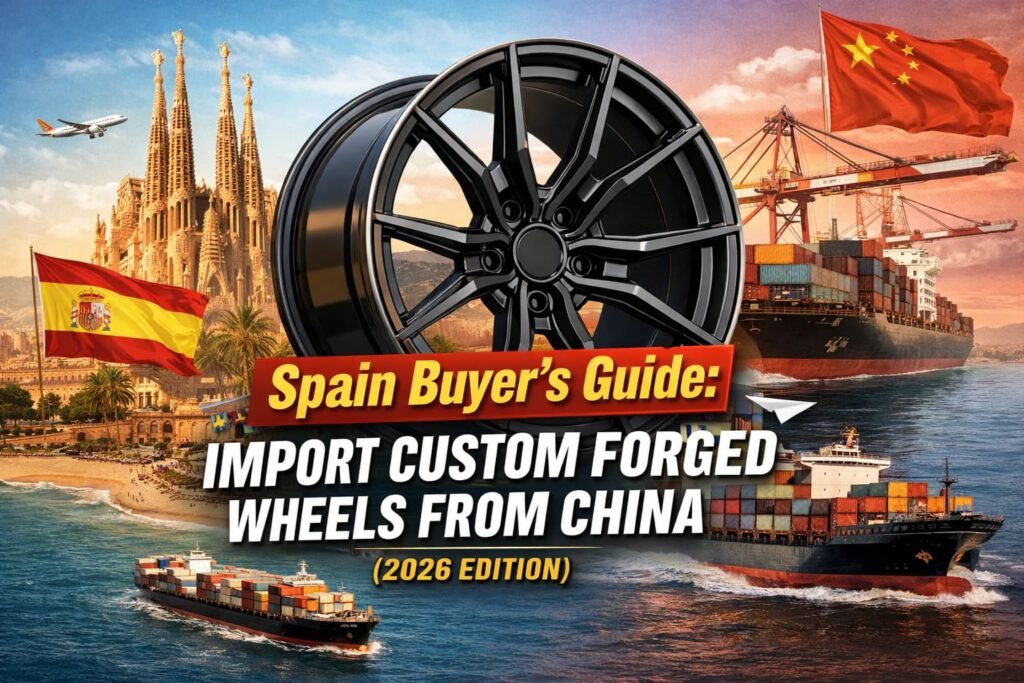 Llantas forjadas a medida preparadas para exportación desde China a España, con enfoque en logística internacional, importación B2B y ruedas de alto rendimiento.