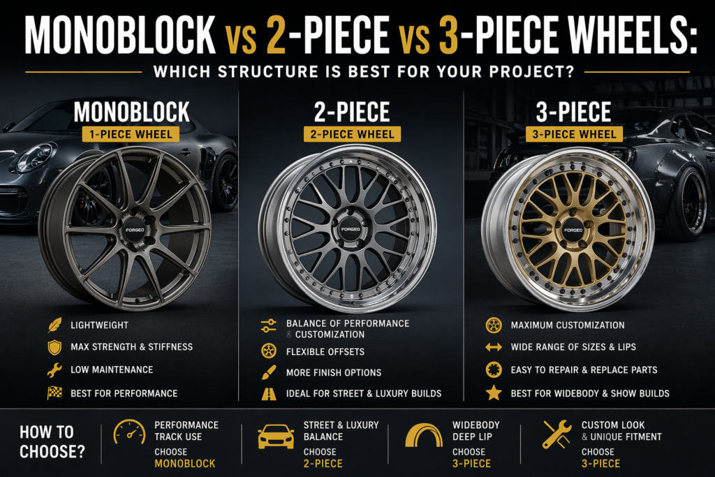 monoblock vs 2-piece vs 3-piece wheels comparison