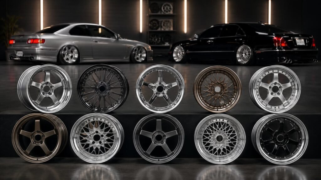 Ten iconic street and stance style wheel designs with deep lips and mesh faces for JDM and VIP car projects
