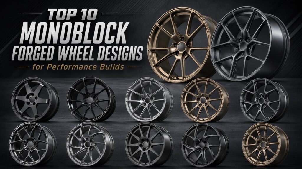 Top 10 monoblock forged wheel designs for performance builds, showing lightweight forged racing wheel styles for track cars, EVs, luxury cars, and custom tuning projects.
