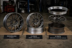 Monoblock, 2-piece and 3-piece forged wheels compared side by side by FLEXIFORGED