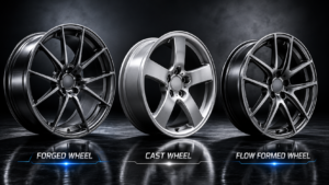 Forged vs cast vs flow-formed wheels comparison showing a 6061-T6 forged monoblock wheel by FLEXIFORGED