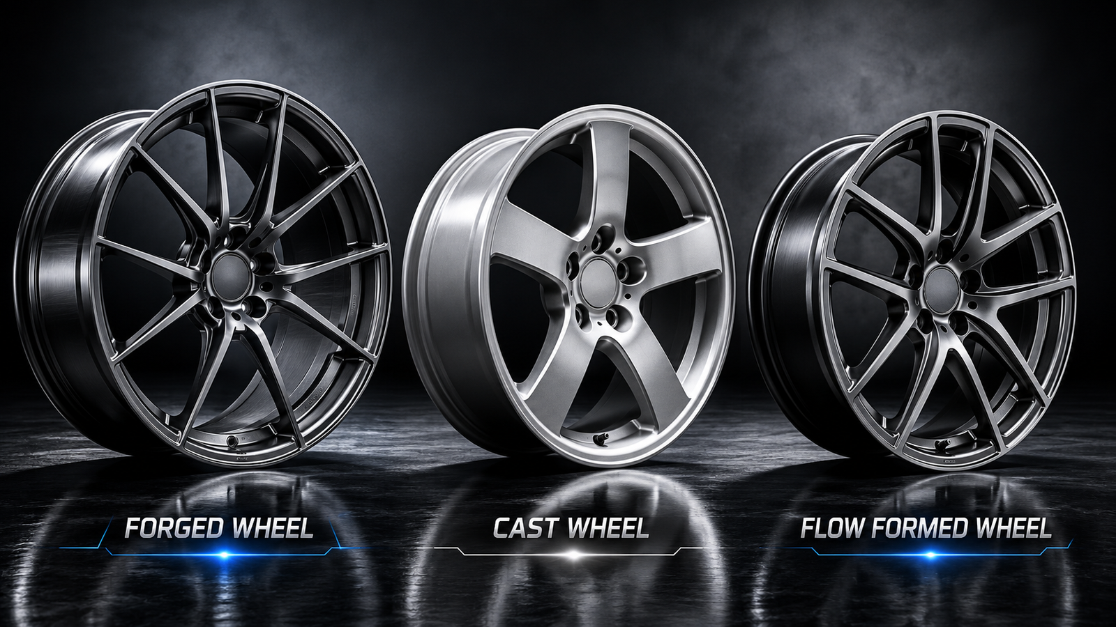 Forged vs cast vs flow-formed wheels comparison showing a 6061-T6 forged monoblock wheel by FLEXIFORGED