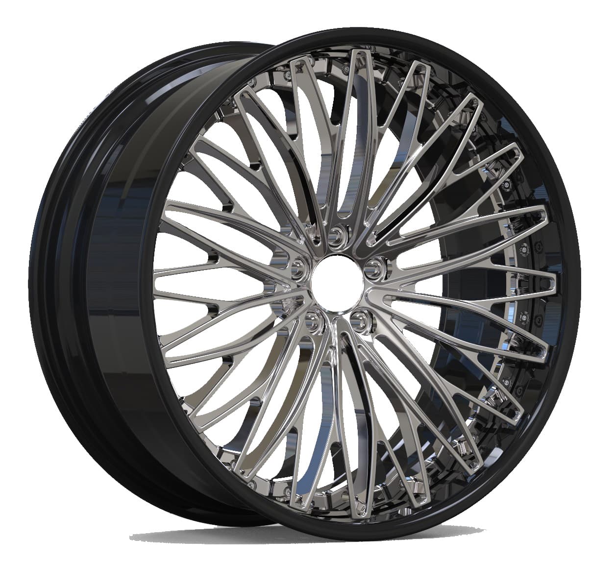 Polished multi-spoke custom forged 2-piece aluminium wheel by FLEXIFORGED