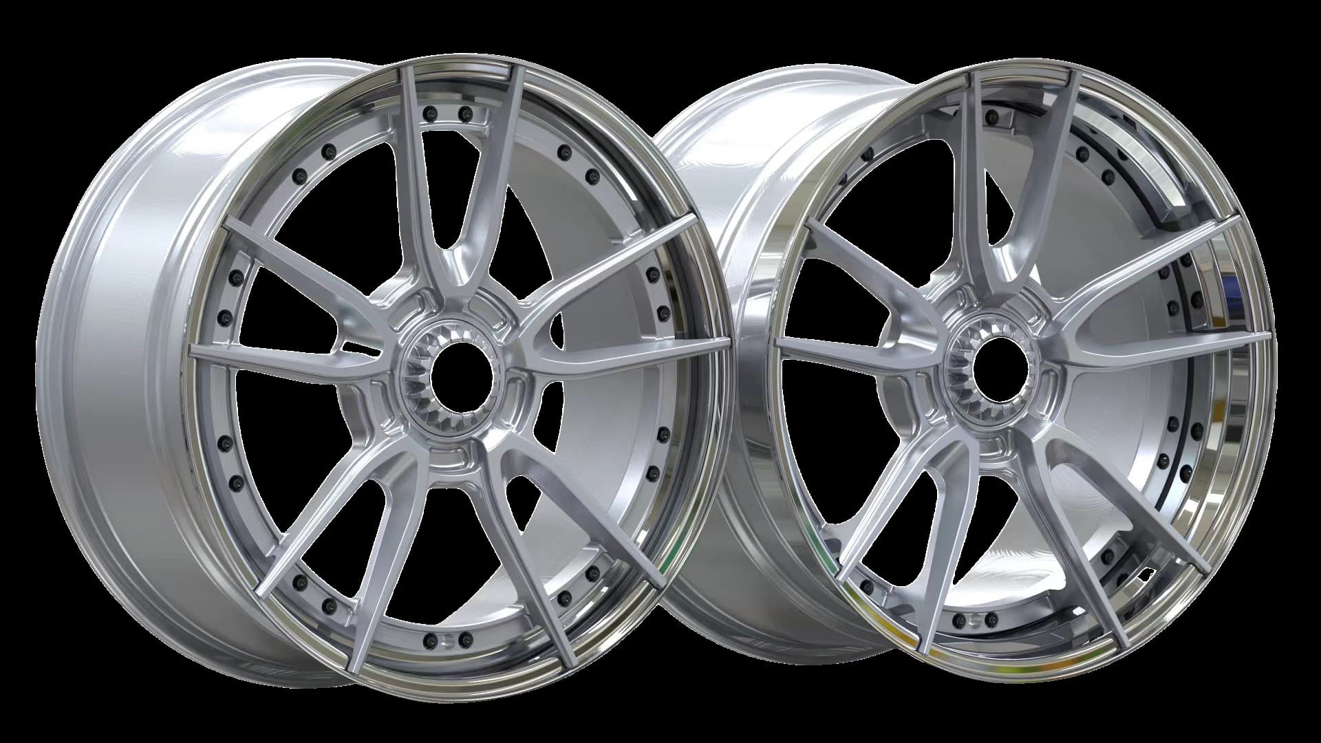 Silver multi-spoke forged 3-piece performance wheel by FLEXIFORGED