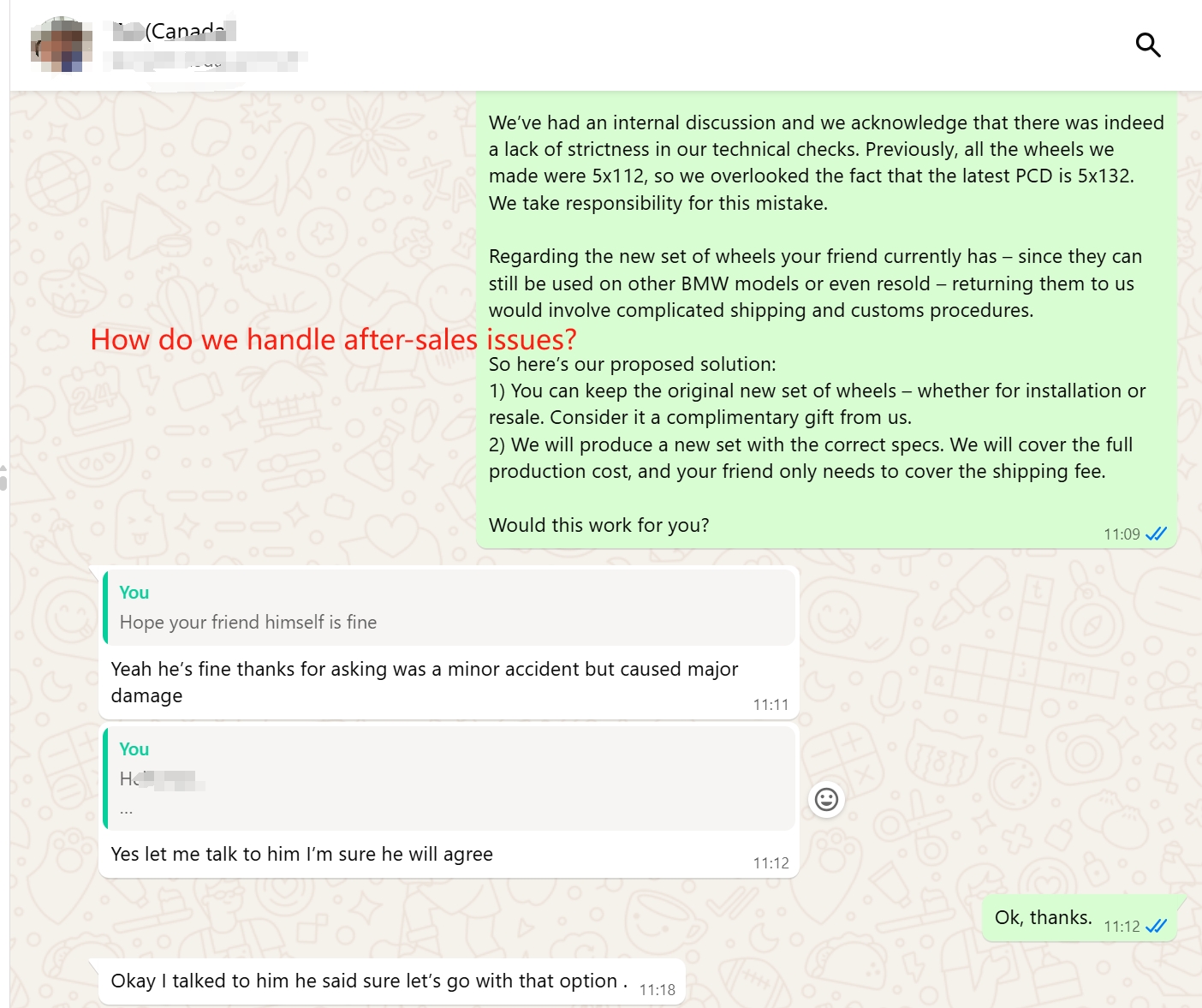 WhatsApp screenshot — FLEXIFORGED admitting a PCD spec oversight and remaking the set at full cost