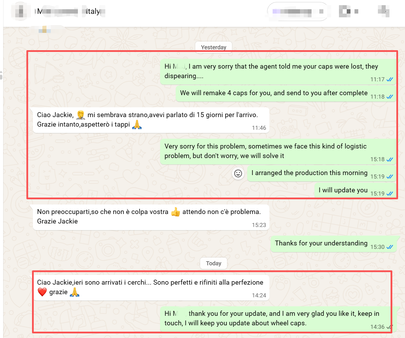 WhatsApp screenshot — FLEXIFORGED proactively reporting lost caps and arranging a remake the same morning