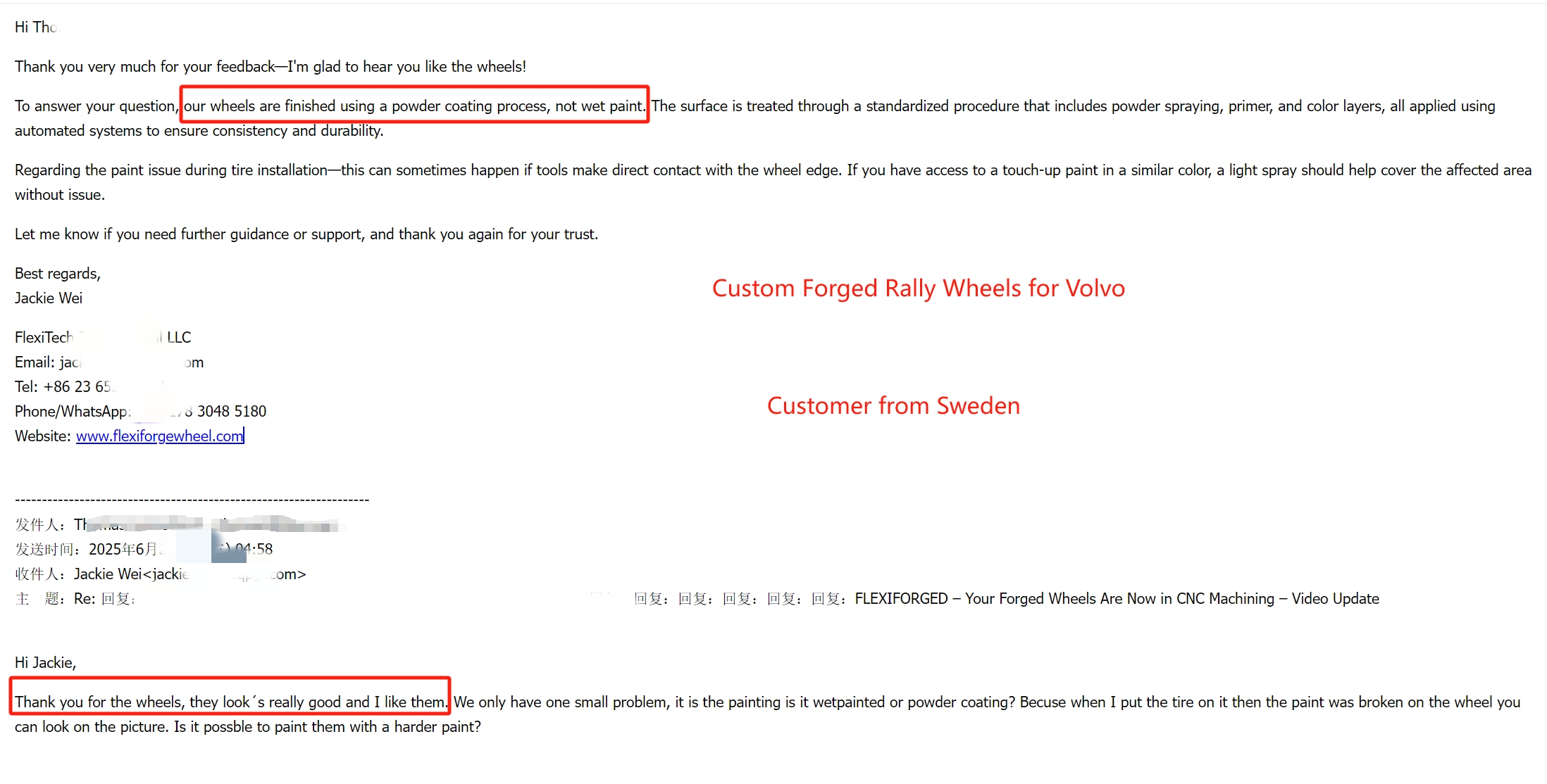 Customer email — Swedish rally customer asking about paint chipped during tire mounting and getting an honest answer