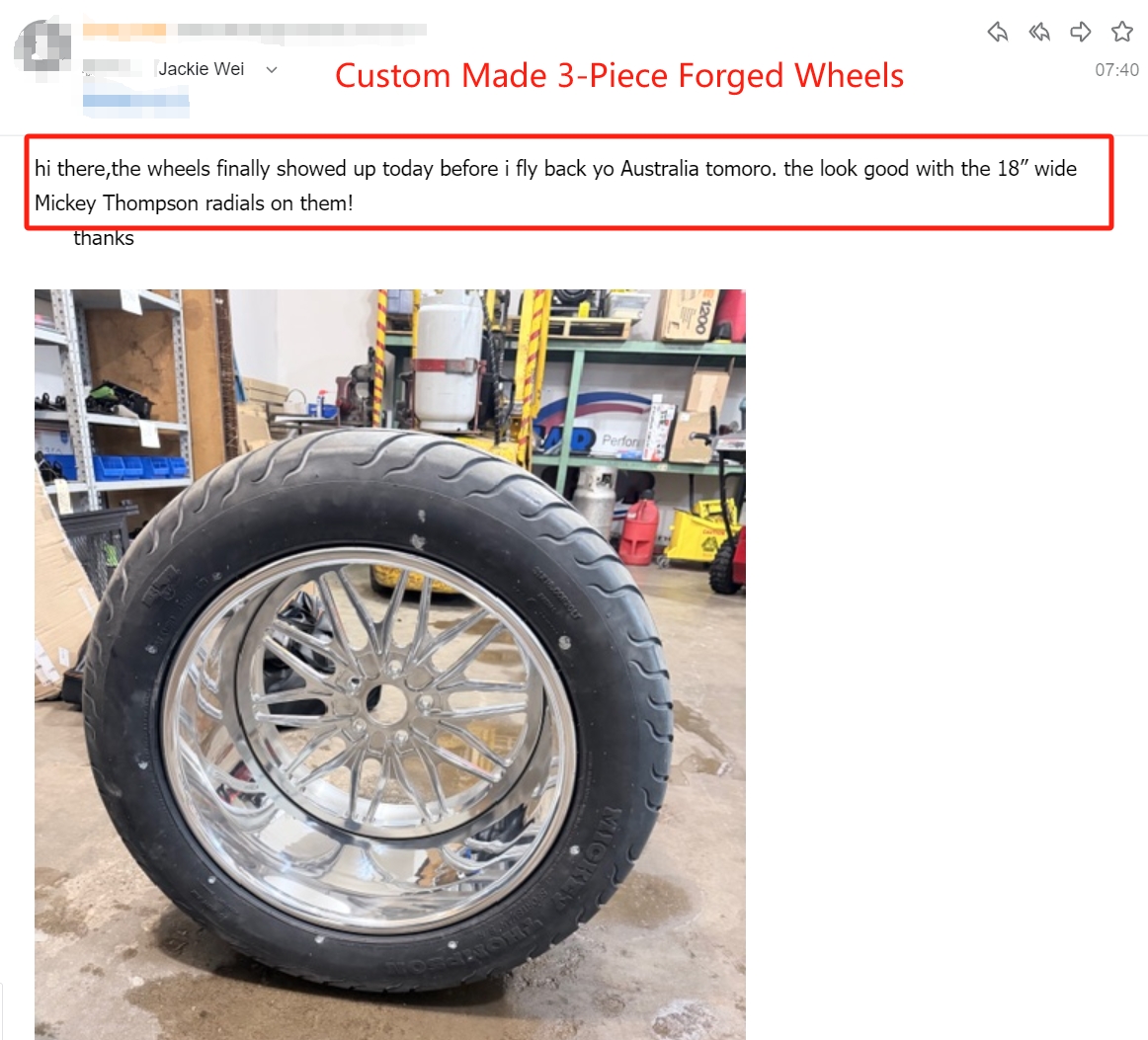Customer email — polished 3-piece forged wheel with drag radial tire arrived, Australia car builder