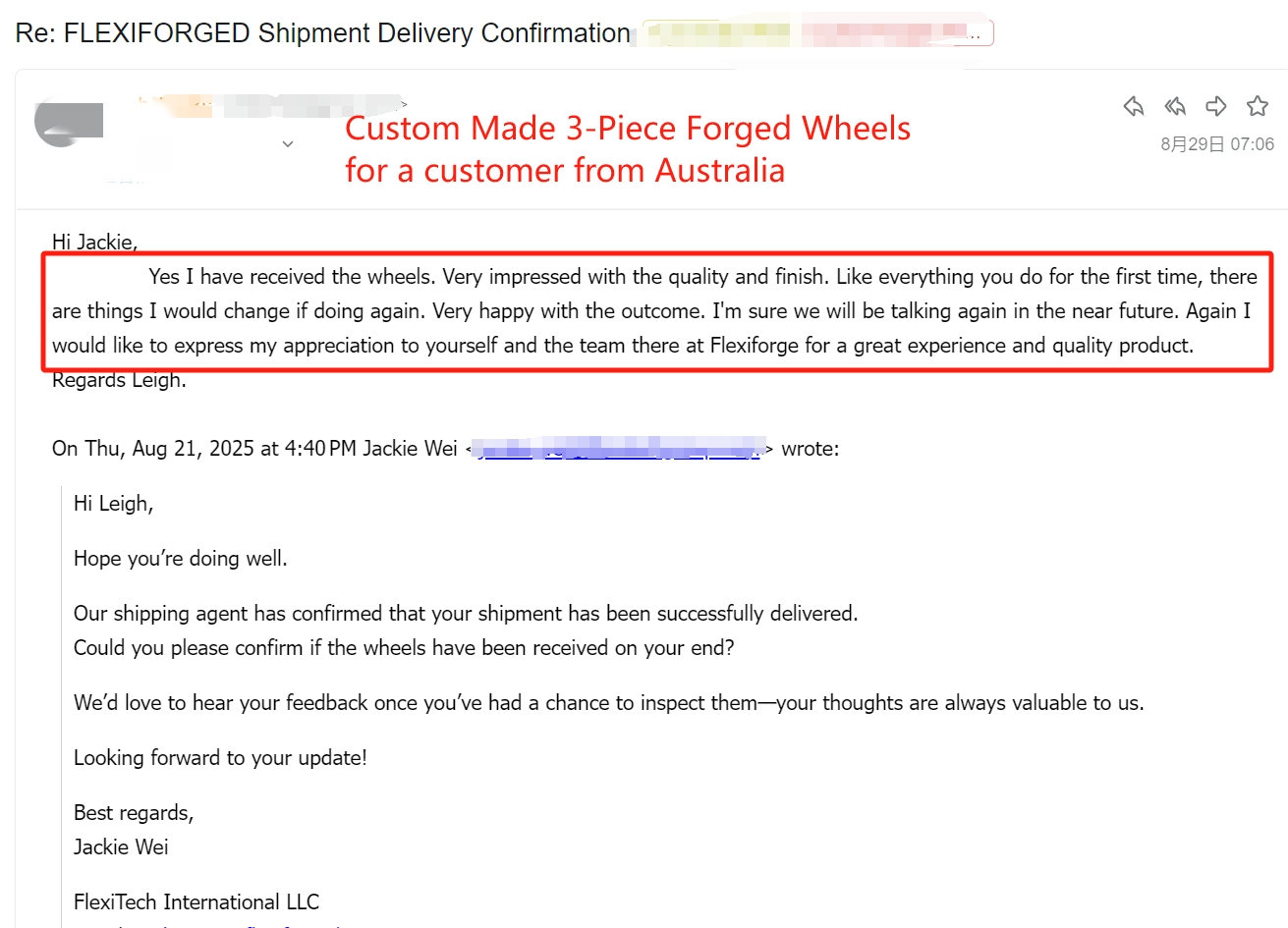 Customer email — dealer impressed with 3-piece wheel quality and finish, honest first-order feedback, Australia