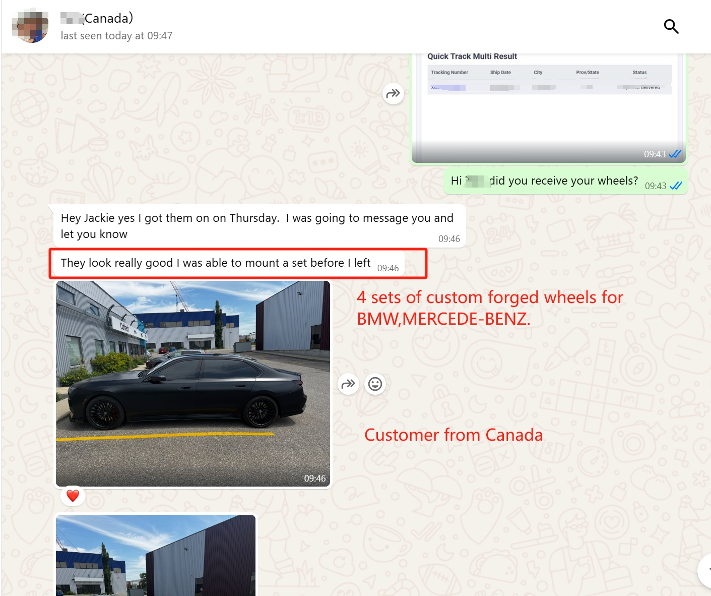 WhatsApp screenshot — Canadian shop mounting one of four sets of custom forged wheels for BMW and Mercedes