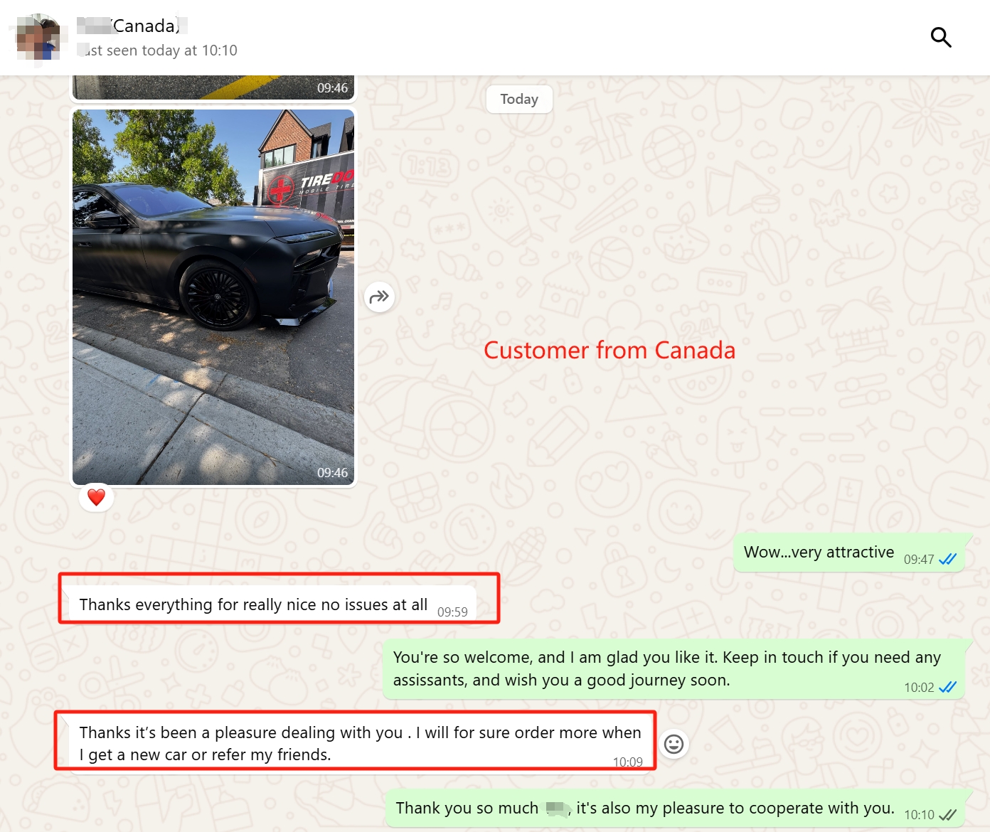 WhatsApp screenshot — Canadian customer with fitted wheels, no issues, promising to order again and refer friends