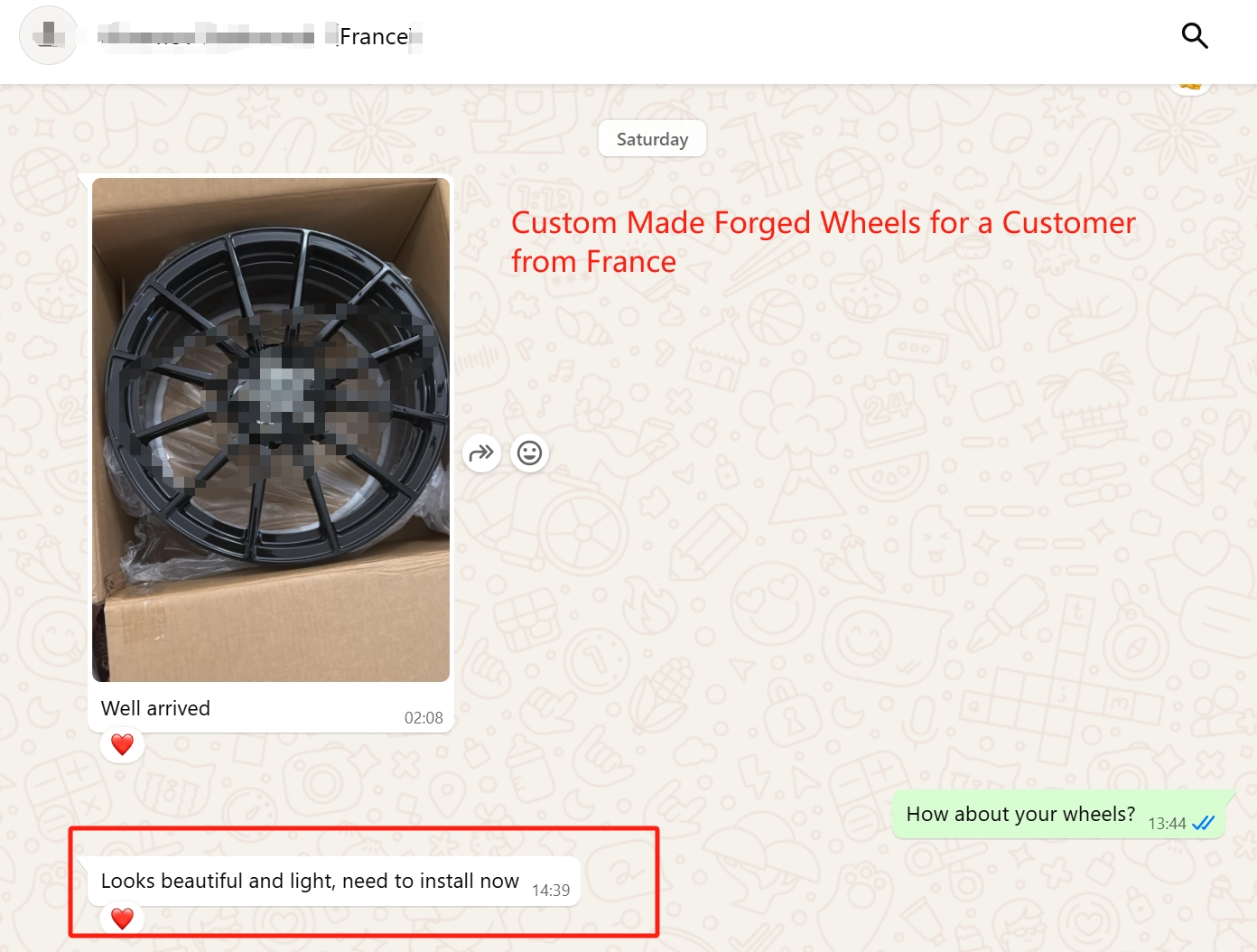 WhatsApp screenshot — black forged wheel arrived well packed in France, customer ready to install
