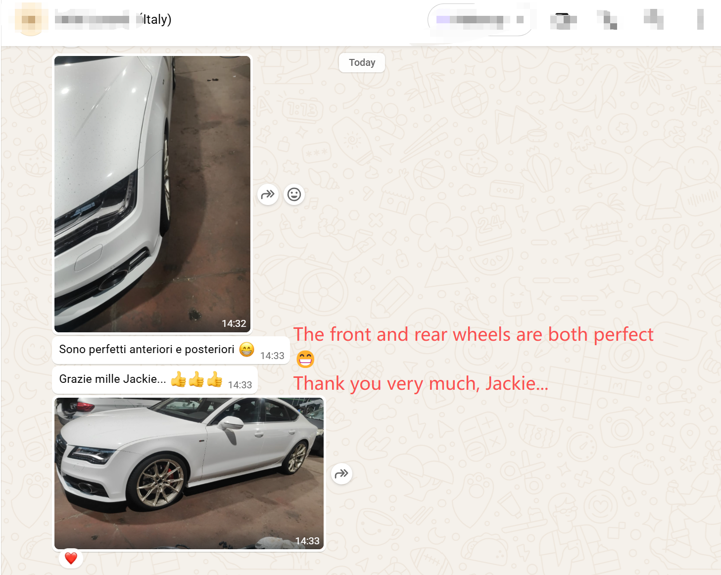 WhatsApp screenshot — Audi A7 on staggered custom forged wheels, delighted Italian dealer