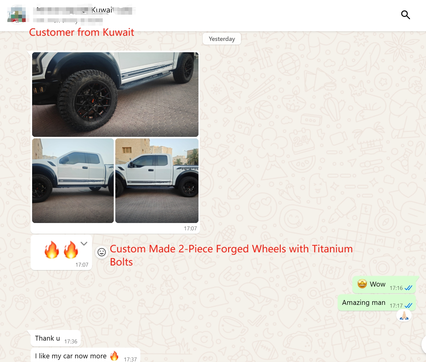 WhatsApp screenshot — Ford Raptor fitted with 2-piece forged wheels with titanium bolts, Kuwait