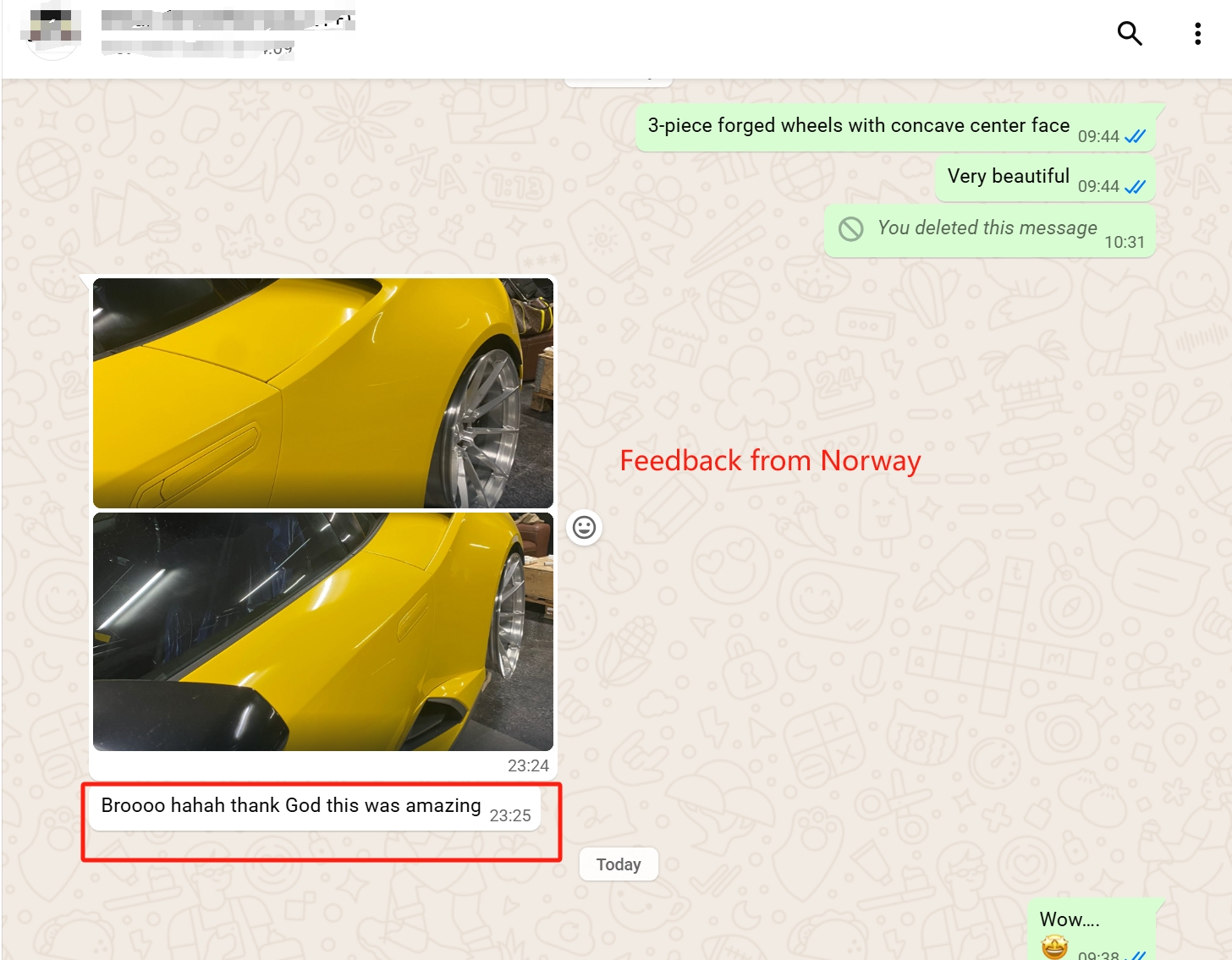 WhatsApp screenshot — yellow supercar on 3-piece concave forged wheels, delighted customer in Norway