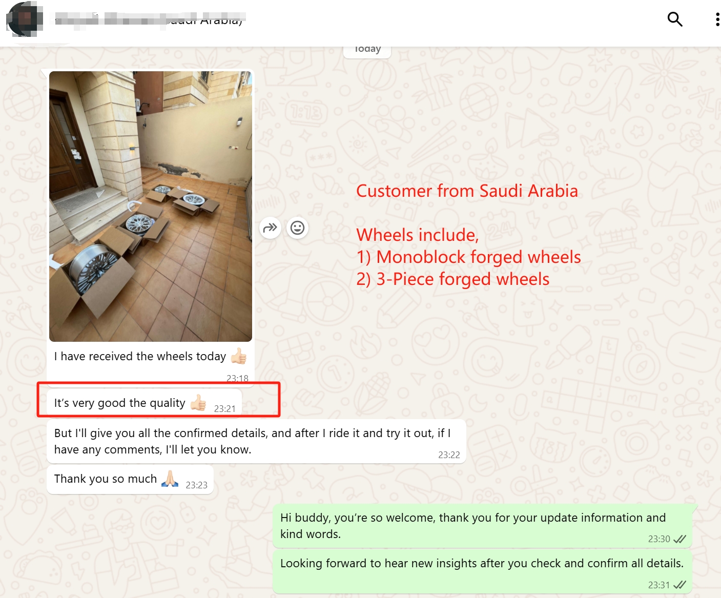 WhatsApp screenshot — monoblock and 3-piece forged wheels unboxed on arrival in Saudi Arabia