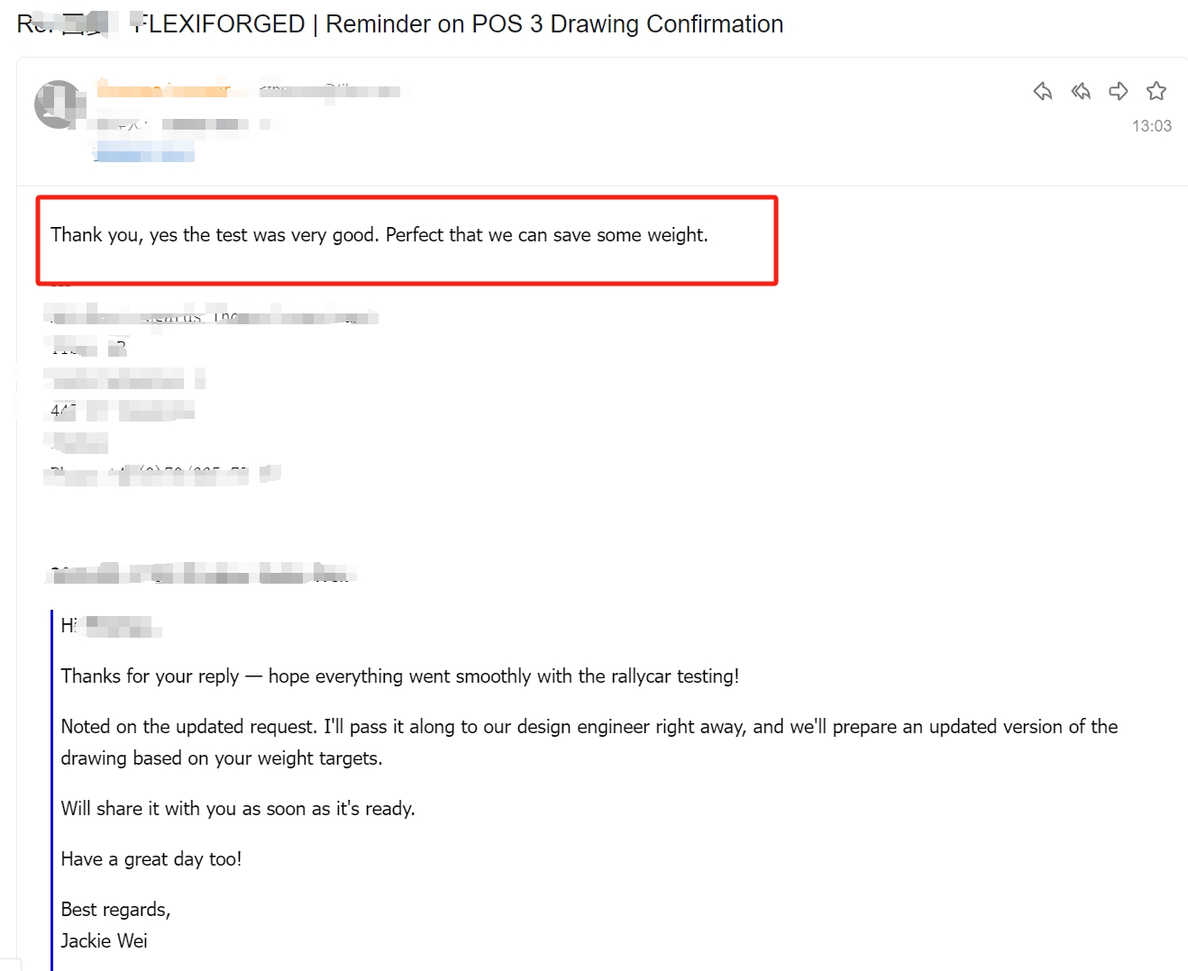 Customer email — rally car wheel testing went very well with weight savings confirmed