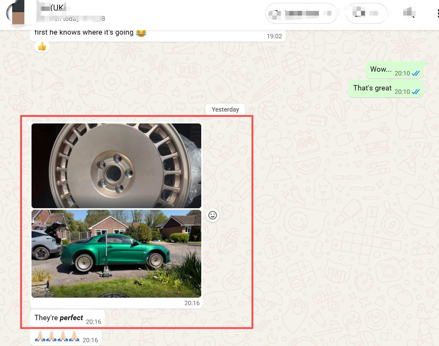 WhatsApp screenshot — UK customer confirming all four forged wheels arrived after a courier delay