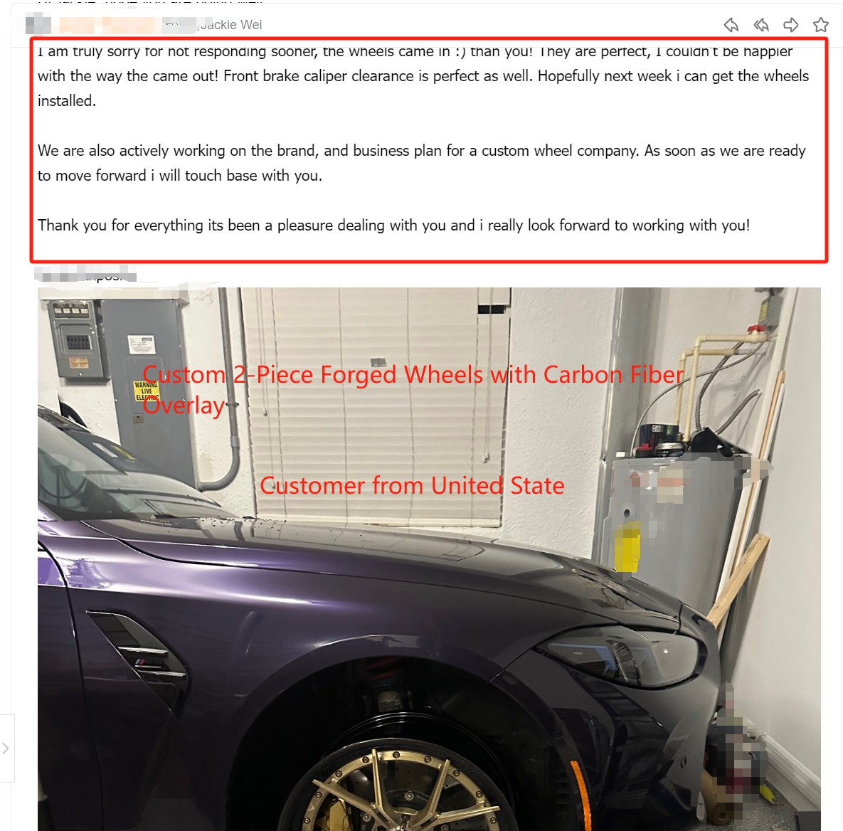 Customer email — 2-piece forged wheels with carbon fiber overlay arrived perfect, US customer planning a wheel brand
