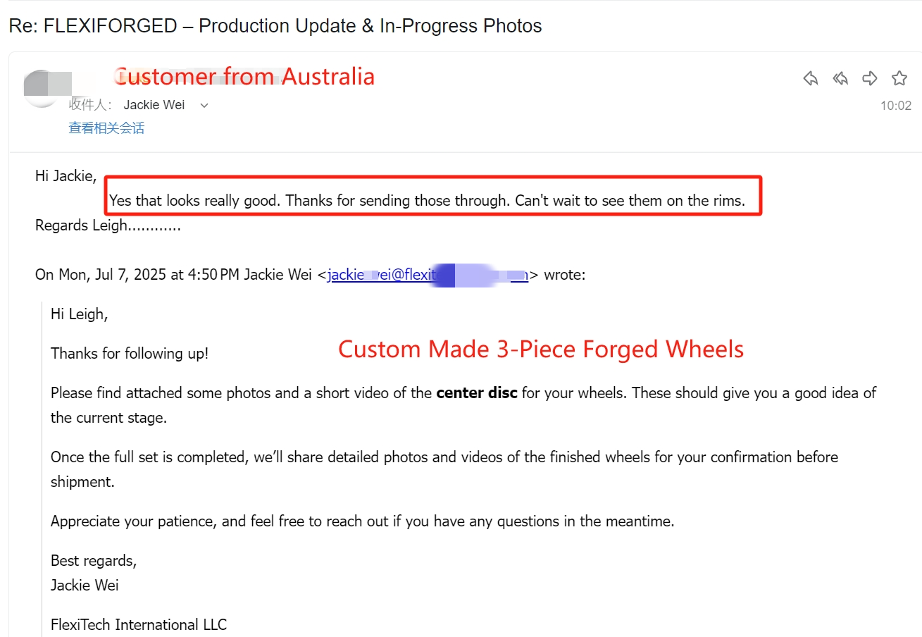 Customer email — Australian dealer reacting to in-progress photos of 3-piece wheel center discs