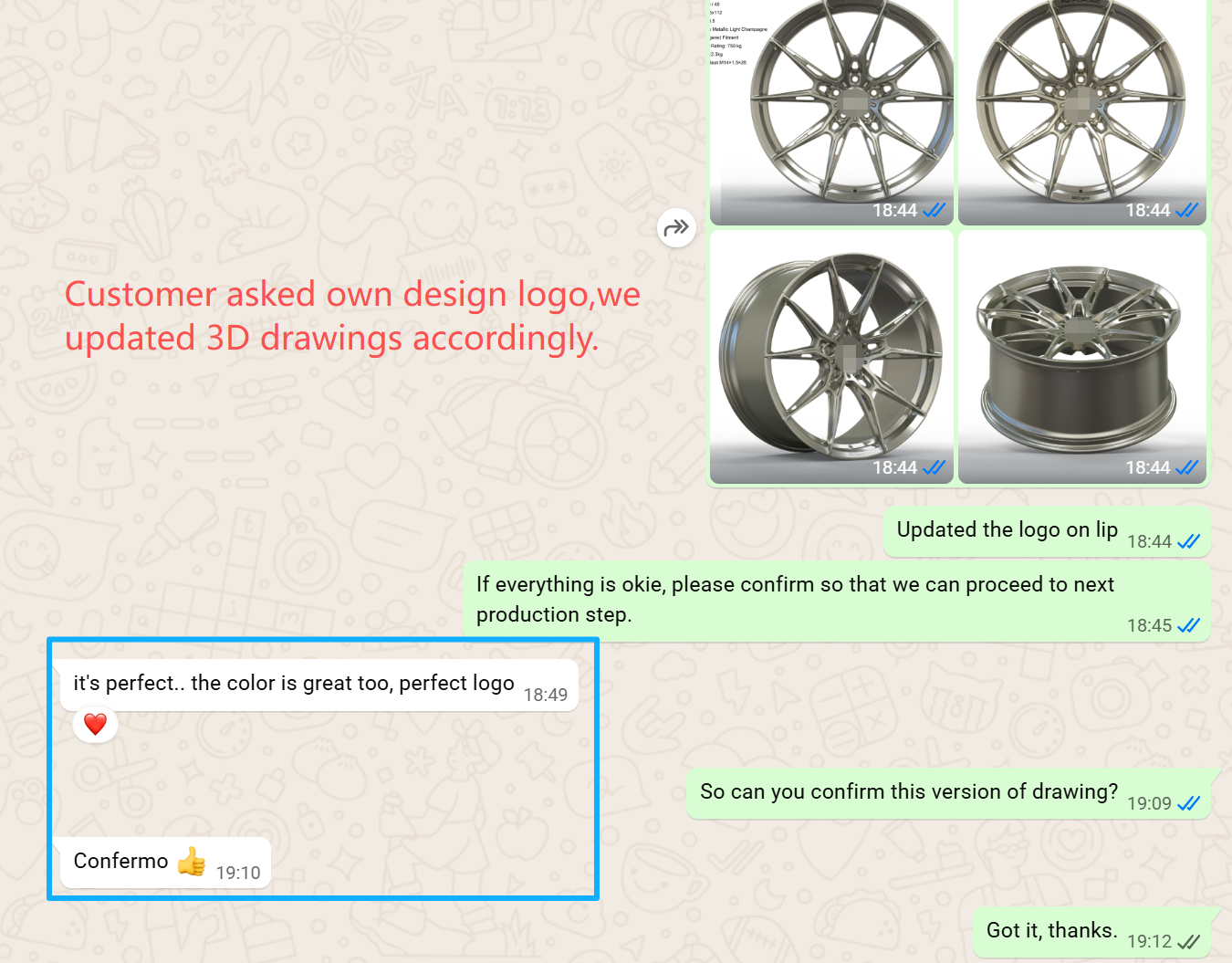 WhatsApp screenshot — Italian dealer approving 3D drawings updated with their own logo on the wheel lip