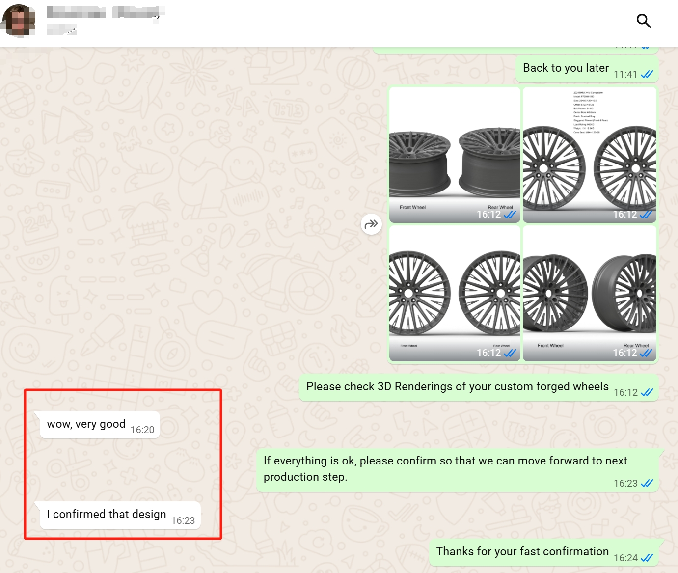 WhatsApp screenshot — Italian wheel dealer confirming front and rear 3D renderings of a staggered design