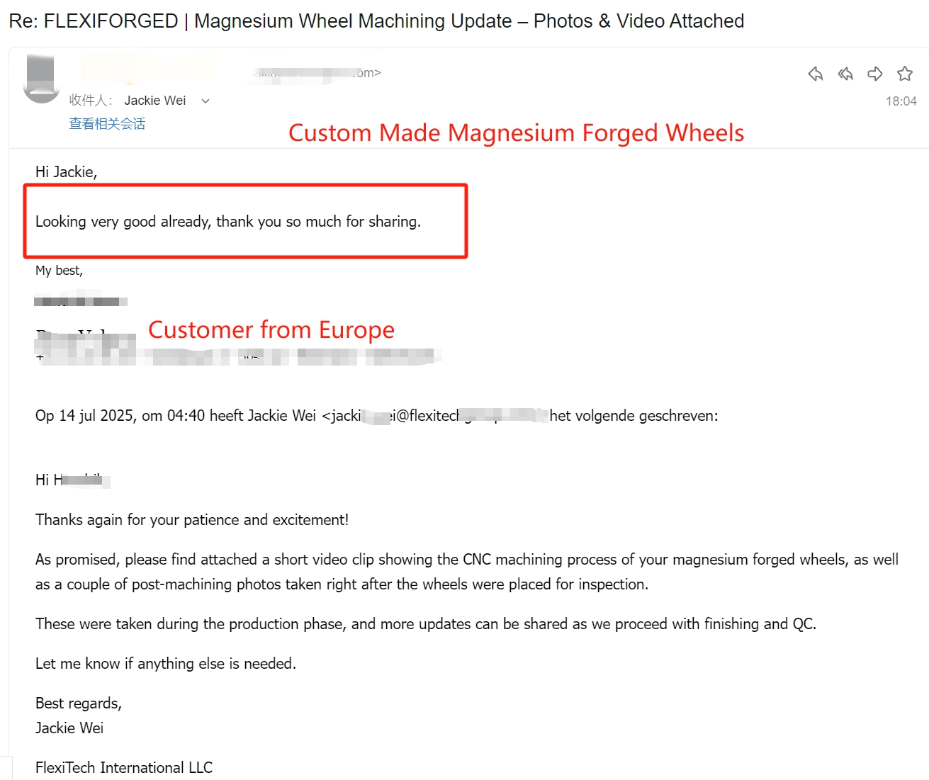Customer email — Dutch customer thanking for CNC machining video of magnesium forged wheels