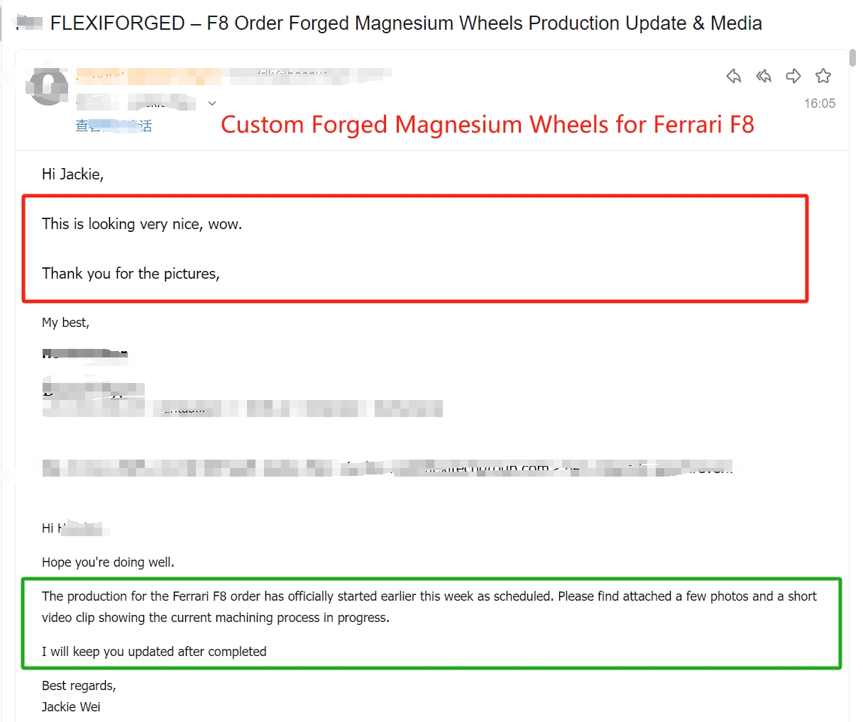 Customer email — brand dealer reacting to production start photos of forged magnesium wheels for a Ferrari F8