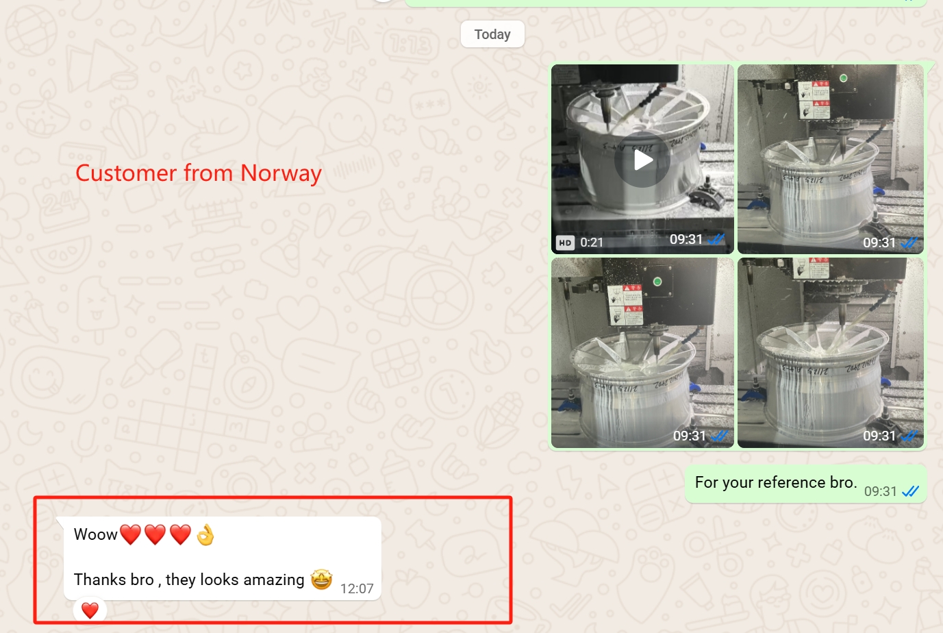 WhatsApp screenshot — Norwegian workshop reacting to CNC machining photos and video of their wheels