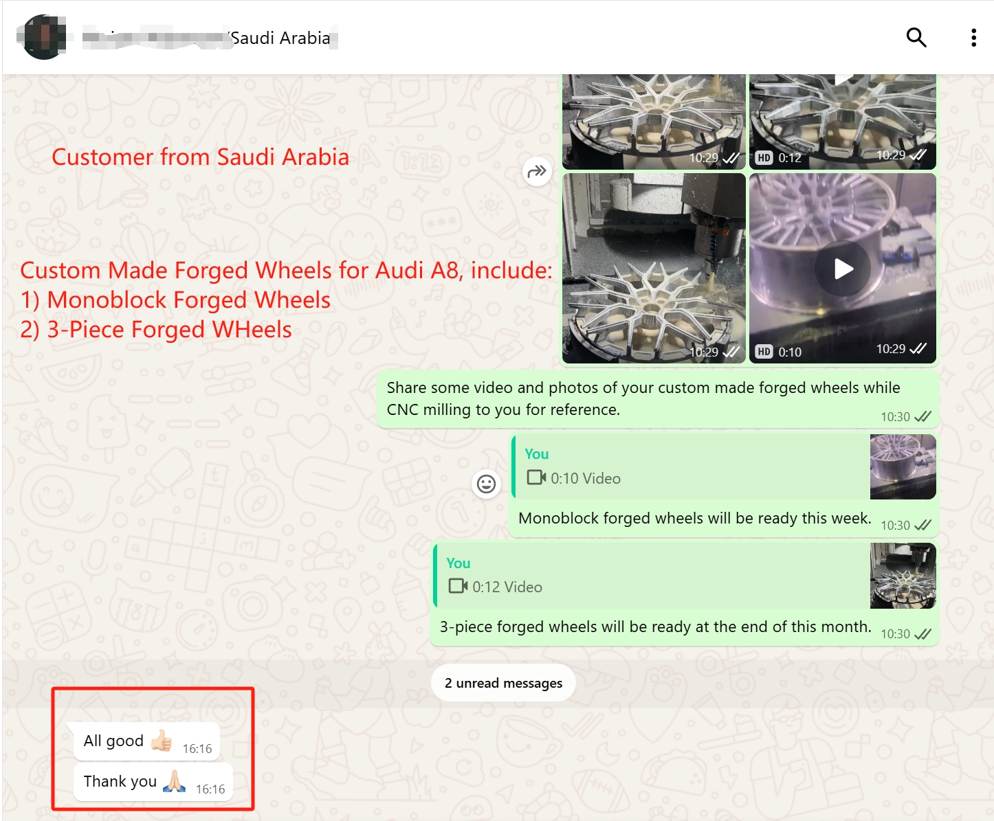 WhatsApp screenshot — CNC milling videos of monoblock and 3-piece Audi A8 wheels approved by Saudi customer