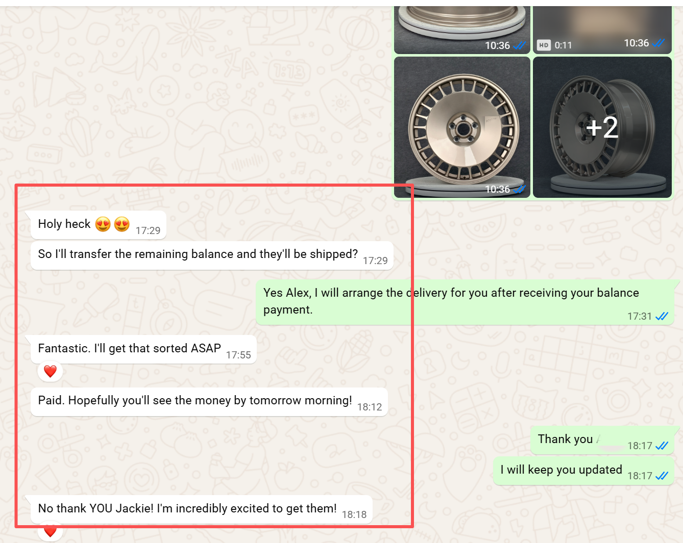 WhatsApp screenshot — UK customer paying the balance immediately after seeing finished wheel QC photos