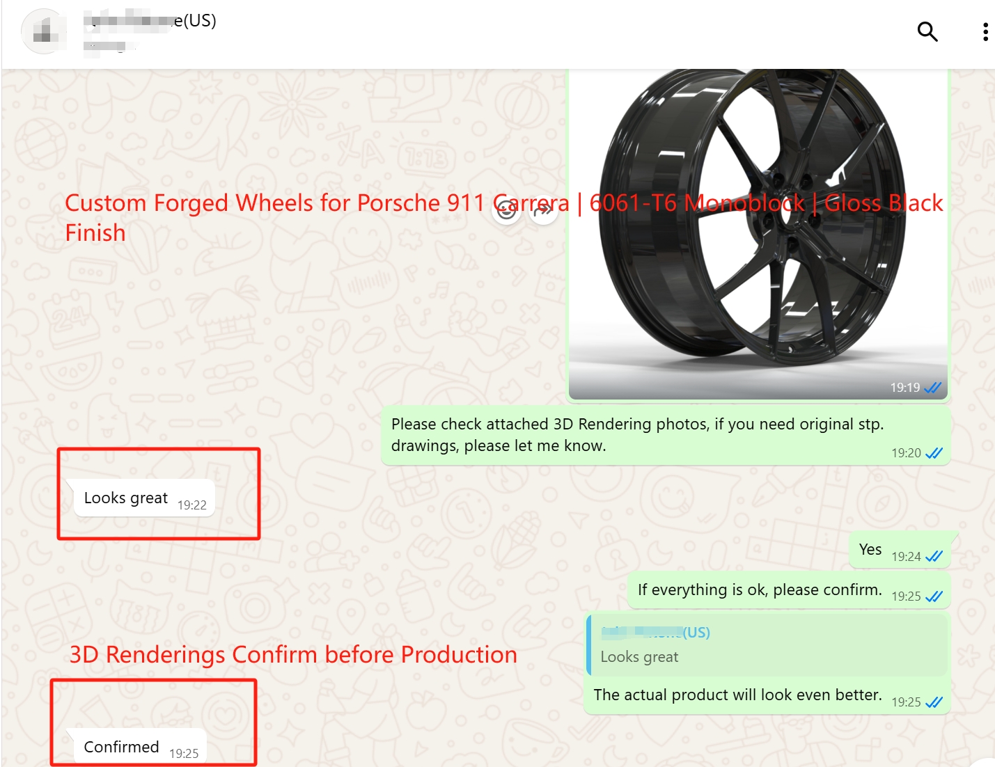 WhatsApp screenshot — US workshop confirming 3D renderings of a gloss black monoblock for a Porsche 911