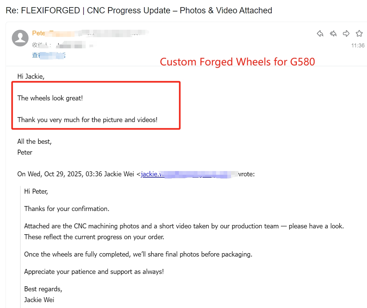 Customer email — US customer thanking for CNC machining photos and video of G580 forged wheels