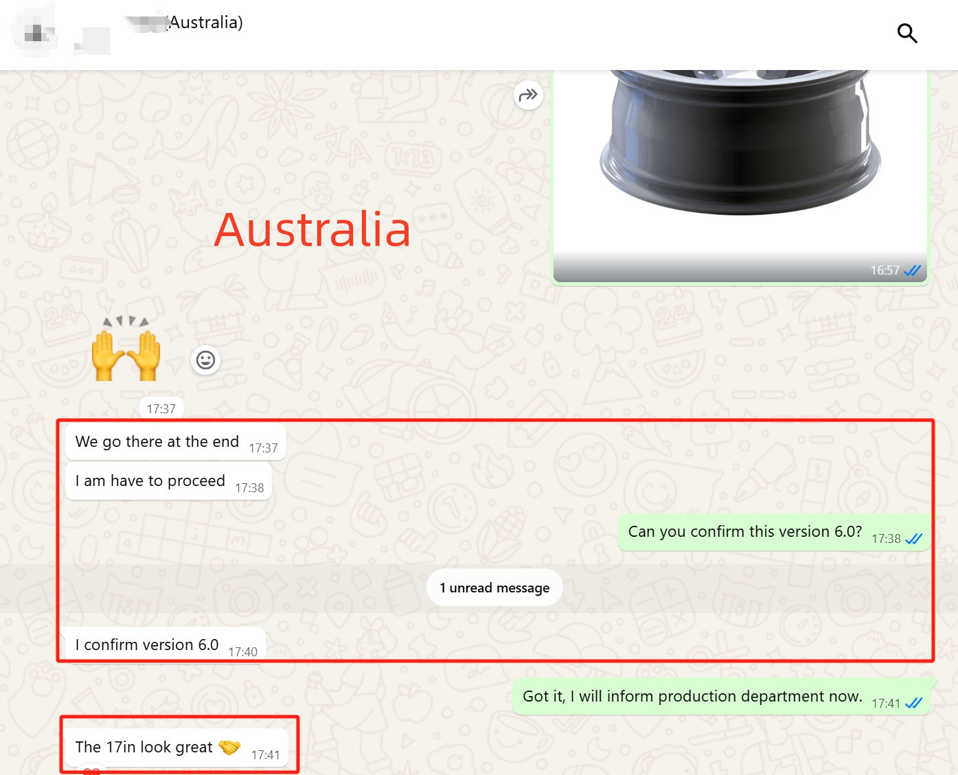 WhatsApp screenshot — Australian workshop confirming design version 6.0 of a custom forged wheel