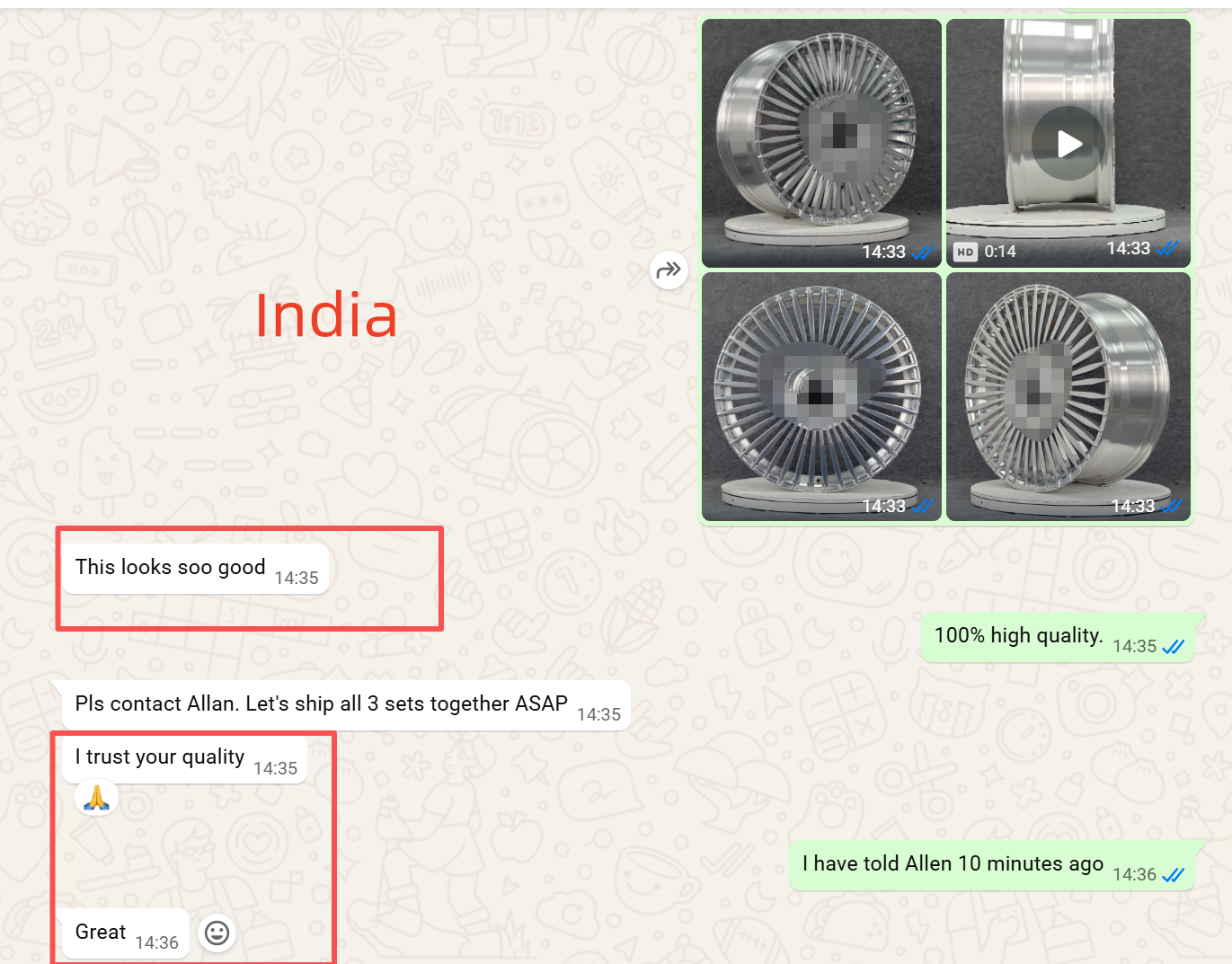 WhatsApp screenshot — Indian dealer approving brushed turbofan forged wheels from QC photos and video