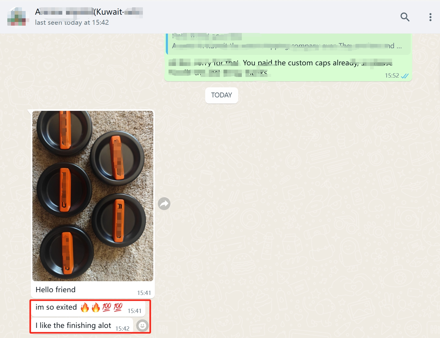 WhatsApp screenshot — five custom center caps with orange inserts made for a Kuwait customer