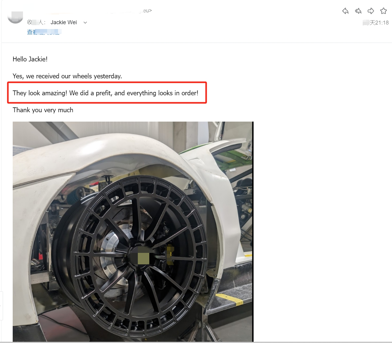 Customer email — car manufacturer prefit of aero disc forged wheel on a prototype sports car, Lithuania
