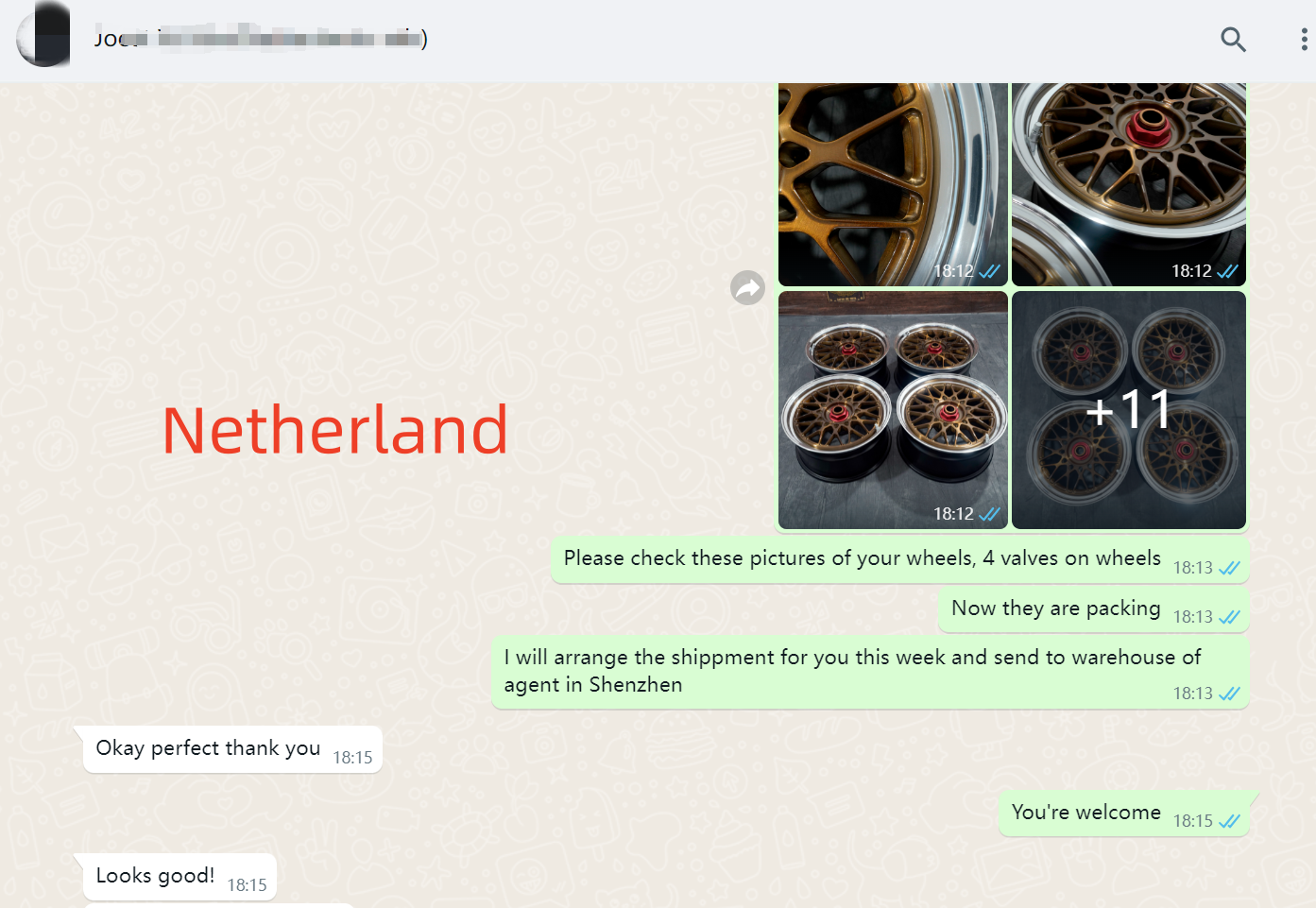 WhatsApp screenshot — Dutch workshop approving QC photos of gold mesh 3-piece wheels before packing